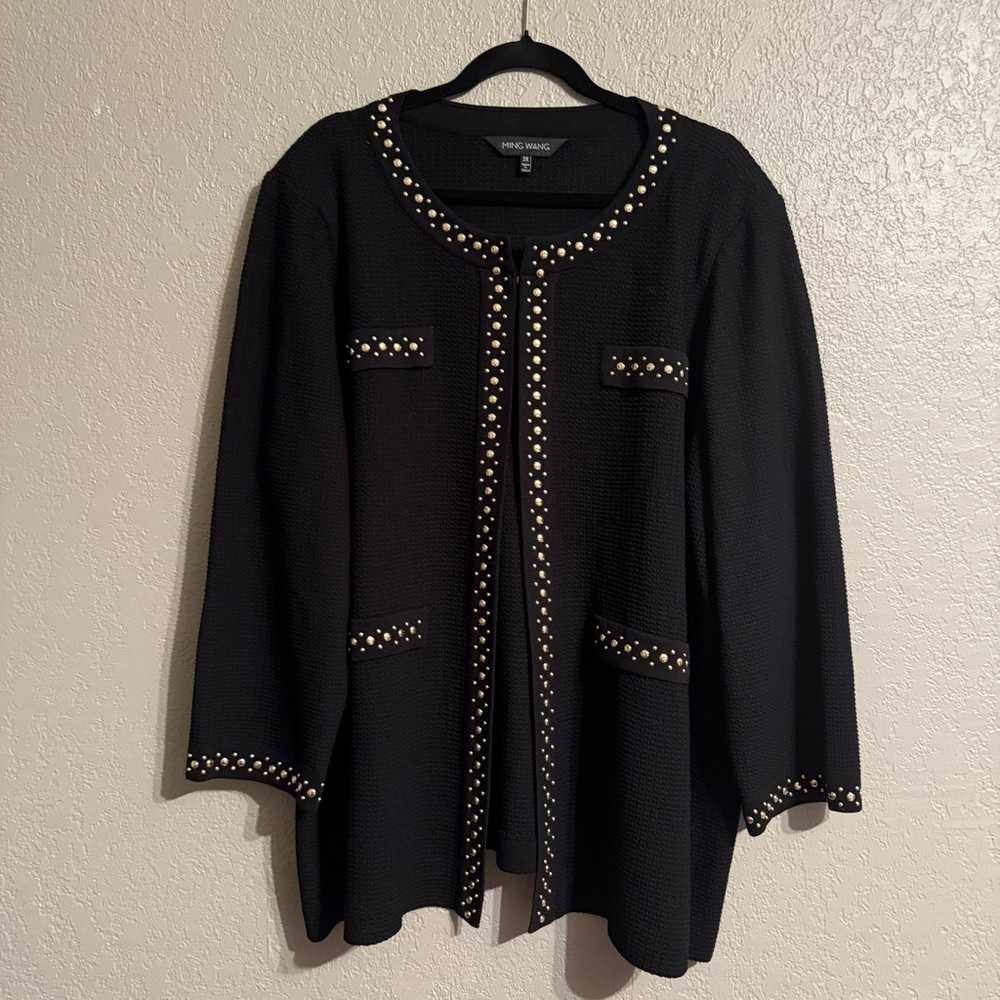 Ming Wang Plus 2X Studded Knit Jacket — Black — Boutique Travel Career Evening